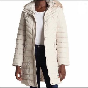Kenneth Cole New York Quilted Ivory Puffer Jacket W Faux Fur Size S